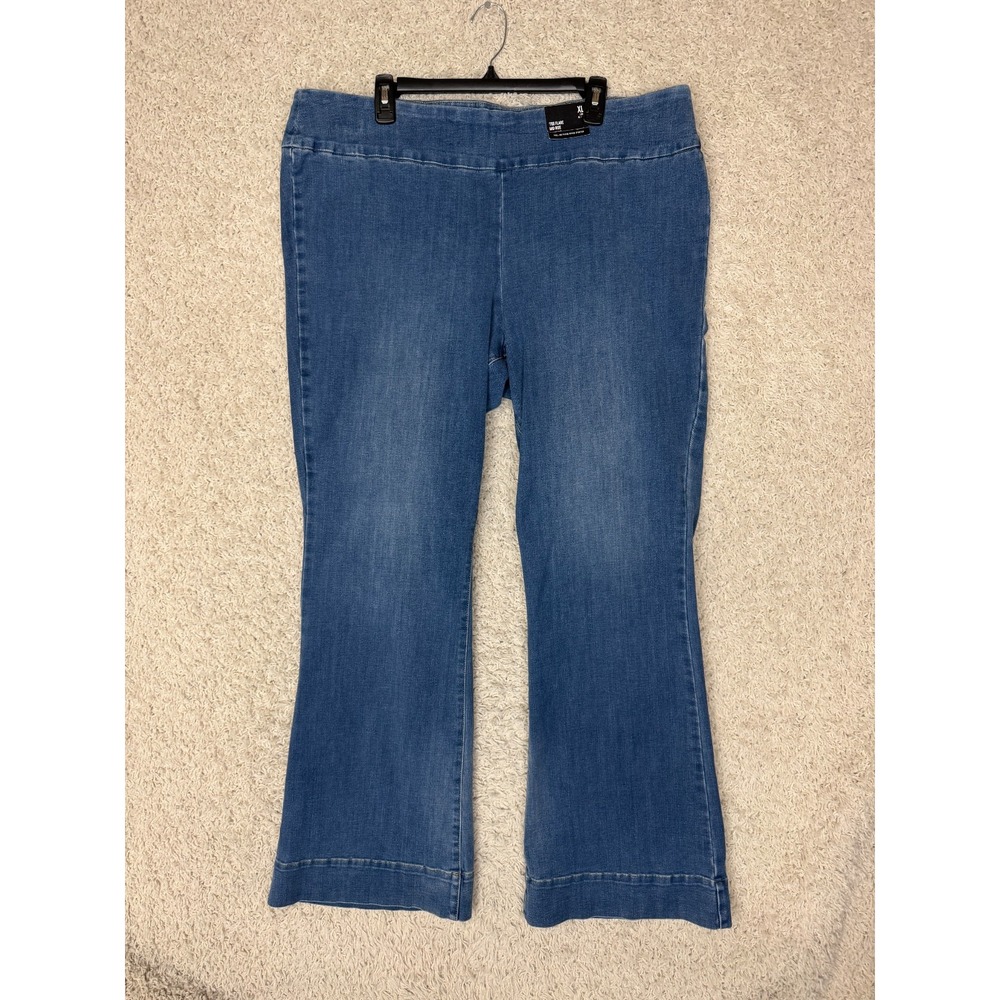 Express Flare Jeans Womens XL Long Blue Pull On Denim Stretch 70's NWT